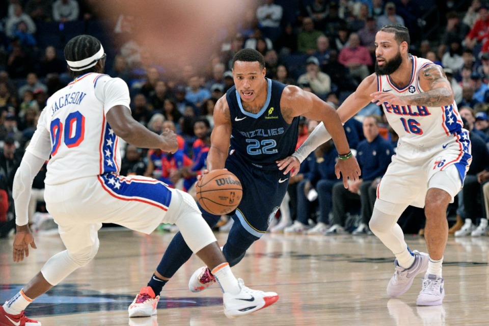 <strong>Memphis Grizzlies guard Desmond Bane (22) dribbles between Philadelphia 76ers guard Reggie Jackson (00) and forward Caleb Martin (16) on Wednesday, Nov. 20, 2024.</strong> (Brandon Dill/AP)