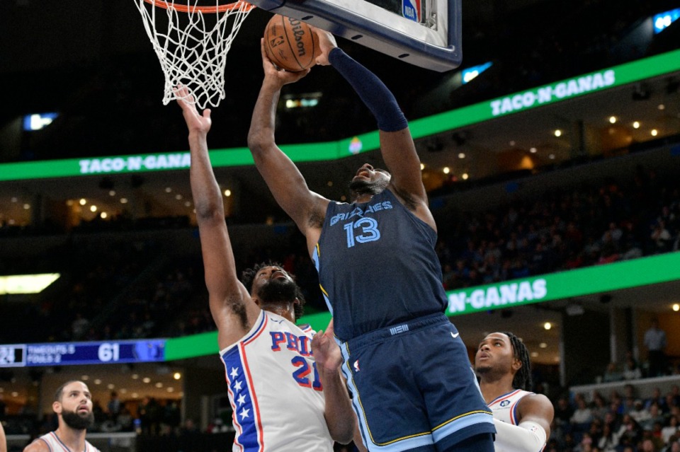 <strong>Memphis Grizzlies forward Jaren Jackson Jr. (13) shoots against Philadelphia 76ers center Joel Embiid Wednesday, Nov. 20, 2024, on his way to 25 points.</strong>&nbsp;(Brandon Dill/AP)