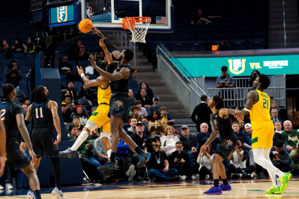 <strong>Memphis Tigers center Moussa Cisse blocks a shot during a games against San Francisco Nov. 21, 2024.</strong> (Courtesy Memphis Athletics)