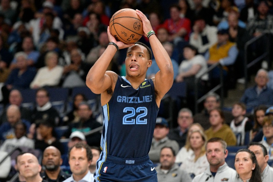 <strong>Memphis Grizzlies guard Desmond Bane (22) shoots in the first half of an NBA basketball game against the Philadelphia 76ers Wednesday, Nov. 20, 2024, in Memphis, Tenn.</strong> (AP Photo/Brandon Dill)