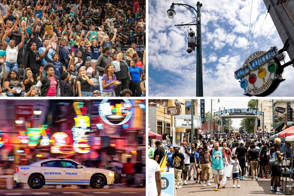 <strong>The City of Memphis could soon invest in a new plan to improve public safety Downtown. Clockwise, from top left:&nbsp;The crowd cheers at a Memphis Grizzlies open practice at FedExForum; A SkyCop unit sits on a lamppost outside of Wet Willie&rsquo;s on Beale Street; People walk Beale Street on 901 Day; Memphis Police pass by the lights on Beale Street on May 9, 2020.</strong> (The Daily Memphian file)