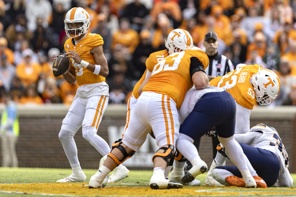 <strong>Tennessee quarterback Nico Iamaleava (8) looks for a receiver during the first half of an NCAA college football game against UTEP, Saturday, Nov. 23, in Knoxville, Tenn.</strong> (Wade Payne/AP file)