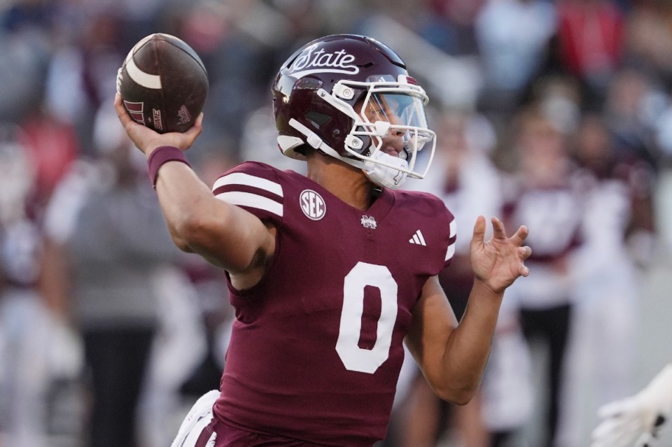 <strong>Mississippi State quarterback Michael Van Buren Jr. looks to throw a pass against Missouri during the first half of an NCAA college football game, Saturday, Nov. 23, 2024, in Starkville, Miss.</strong> (Rogelio V. Solis/AP)