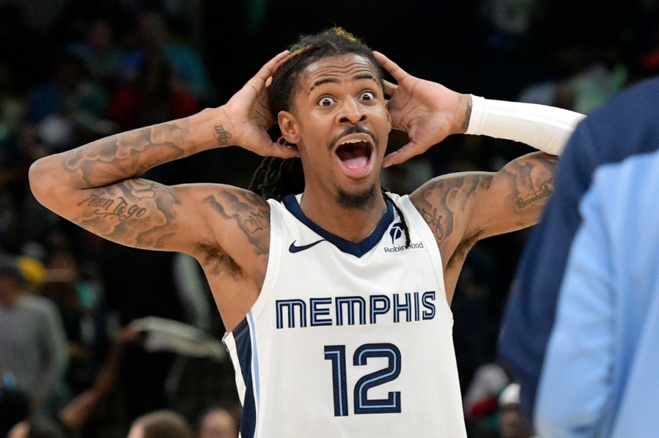 <strong>Memphis Grizzlies guard Ja Morant (12) reacts in the first half of an NBA basketball game against the Portland Trail Blazers Monday, Nov. 25, 2024, in Memphis.</strong> (Brandon Dill/AP)