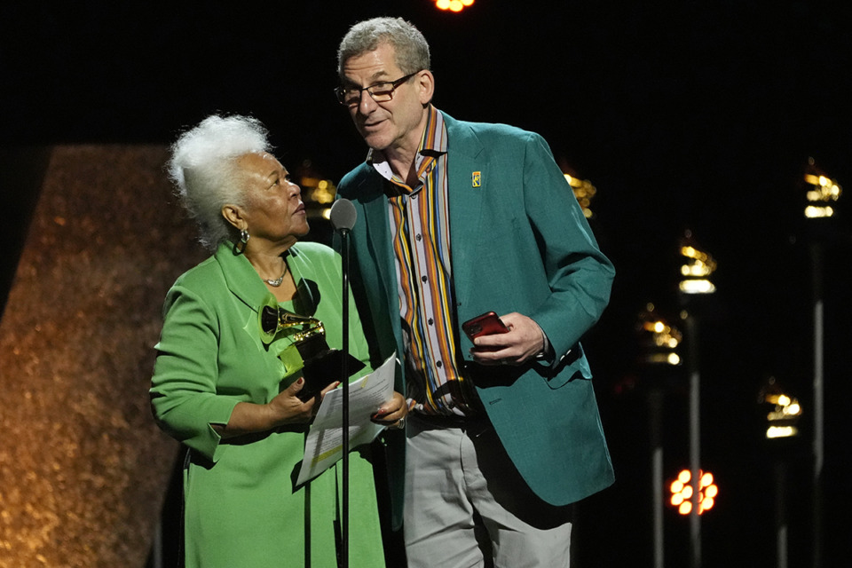 <strong>Deanie Parker, left, and Robert Gordon accept the award for Best Album Notes for "Written in Their Soul: The Stax Songwriter Demos" during the 66th annual Grammy Awards on Sunday, Feb. 4, in Los Angeles.</strong> (Chris Pizzello/AP file)