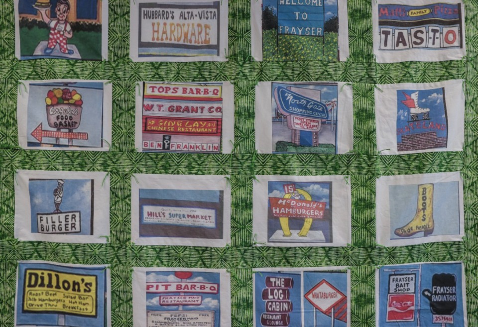 <strong>A Frayser-themed quilt hangs on the wall of Zelma McCraken-Hunt's Frayser quilting club Nov. 7, 2024.</strong> (Patrick Lantrip/The Daily Memphian)