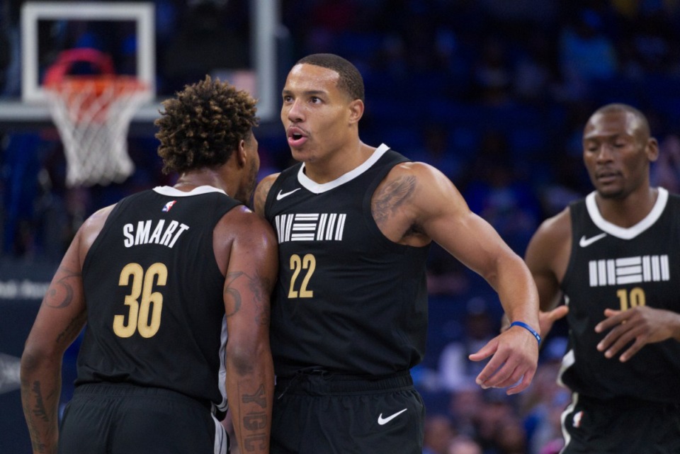 <strong>Memphis guard Marcus Smart (36), who led the Grizzlies in scoring Wednesday, chest-bumps fellow guard Desmond Bane (22) on Nov. 22, 2023.</strong> (Nikki Boertman/AP file)