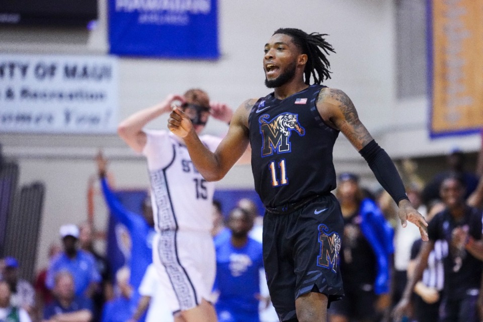 <strong>Memphis guard Tyrese Hunter (11) averaged 20 points, 3.0 assists and 2.3 rebounds on 50% (19 of 38) shooting from the floor and 58.3% (14 of 24) on 3-pointers against UConn, Michigan State and Auburn.</strong> (Lindsey Wasson/AP file)