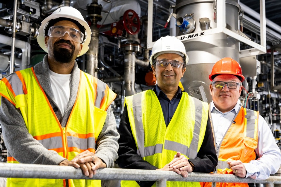 <strong>From left, Joshua Harvey, pilot plant technician, Junai Maharaj, CEO of Buckman, and Martin Conner, Buckman&rsquo;s president of the Americas, inside of their new $10 million pilot plant. on Nov. 25, 2024 in Memphis.</strong> (Brad Vest/Special to The Daily Memphian)