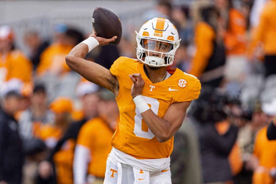 <strong>Tennessee quarterback Nico Iamaleava (8) threw for 257 yards and four touchdowns to help the Vols rout Vanderbilt Saturday in Nashville.</strong>&nbsp;(Wade Payne/AP file)