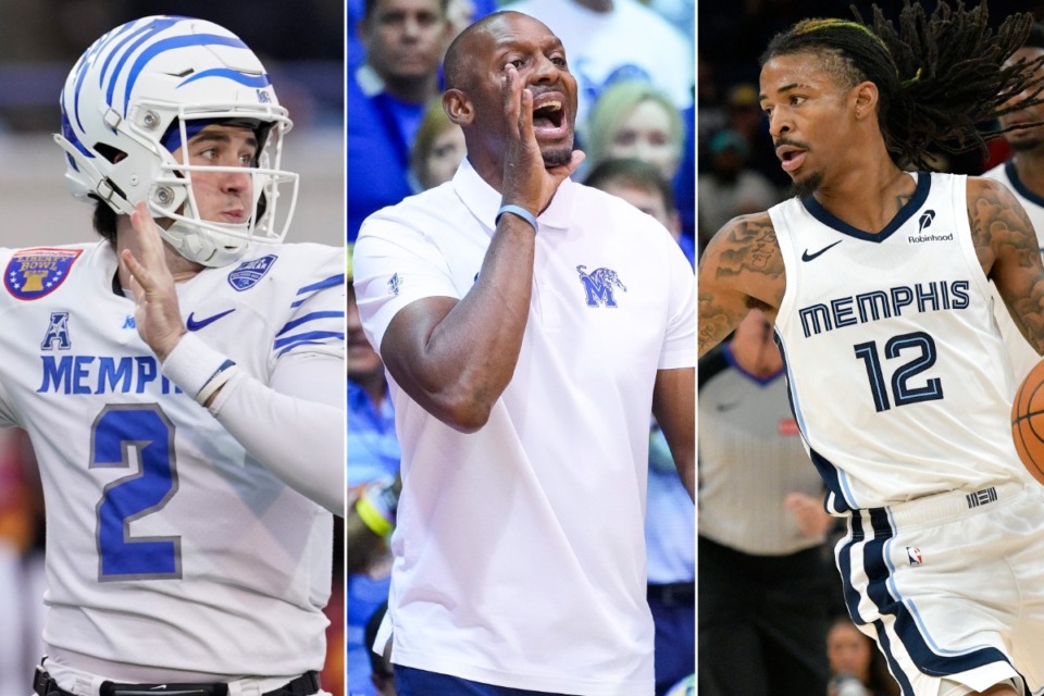 <strong>Quarterback Seth Henigan (left) has led the Memphis Tigers football program to national ranking, as coach Penny Hardaway (middle) has done with the basketball team. Meanwhile, Ja Morant (right) is part of a Grizzlies team that may be playoffs-bound.</strong> (The Daily Memphian files)