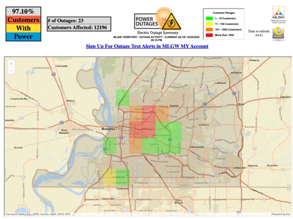 <strong>The MLGW power outage map can be reached <a href="https://outagemap.mlgw.org/OutageSummary.php">here</a>.</strong> (Courtesy MLGW)