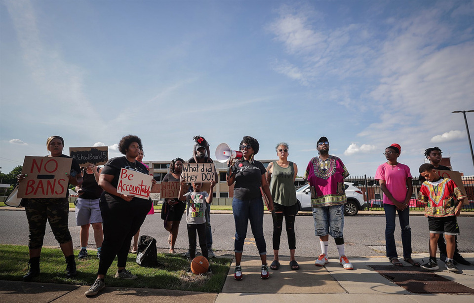 <strong>Activist Rachael Spriggs leads a rally outside of MSCS headquarters May 30, 2023.</strong> (Patrick Lantrip/The Daily Memphian file)&nbsp;