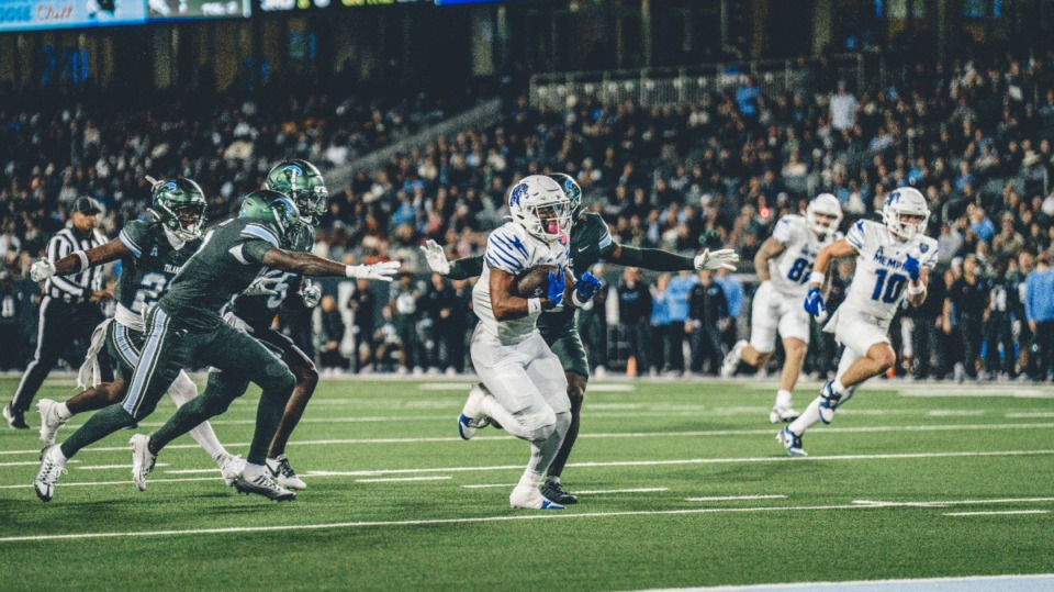 <strong>Memphis running back Greg Desrosiers Jr. runs for a touchdown against Tulane Thursday, Nov. 28, 2024. The Tigers won&rsquo;t play in the AAC champsionship, but the victory in New Orleans cemented a 10-win season.</strong>&nbsp;(Courtesy Memphis Athletics/The Daily Memphian file)