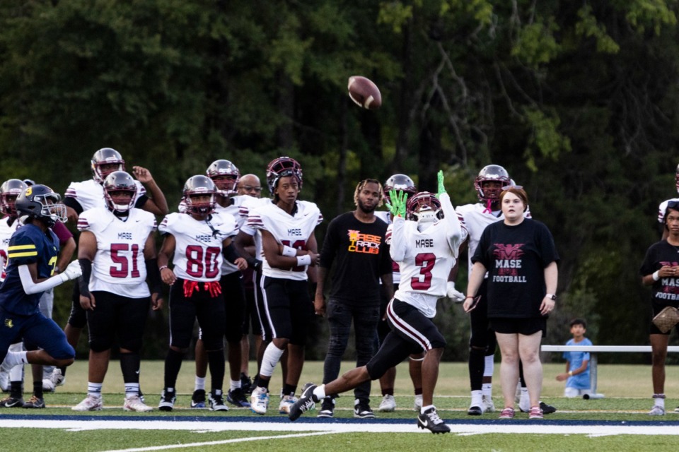 <strong>MASE&rsquo;s Christopher Watson catches a long pass during a high school football game between MASE and Lausanne at Lausanne on&nbsp;Aug. 23, 2024</strong>. (Brad Vest/ Special to The Daily Memphian)