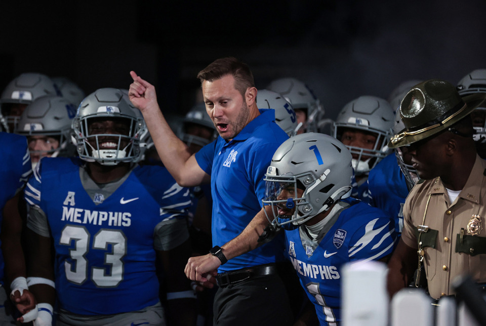 <strong>Memphis head coach Ryan Silverfield leads his team onto the field during a game against North Texas Oct. 19, 2024.</strong> (Patrick Lantrip/The Daily Memphian)