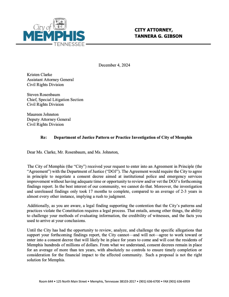 <strong>Letter from City of Memphis attorney to Department of Justice.</strong> (Submitted)&nbsp;