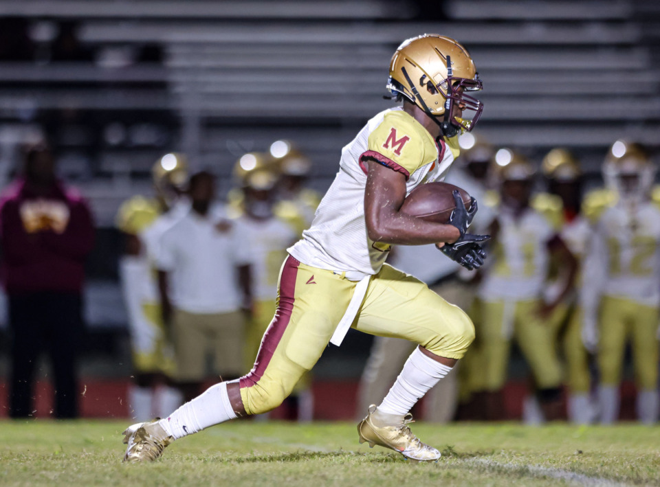 <strong>Melrose&rsquo;s Rhyan Brown (1) during the Melrose High School and Southwind High School football game, on Thursday, September 21, 2023. Southwind defeated Melrose 34-6.</strong> (Wes Hale, Special to The Daily Memphian)