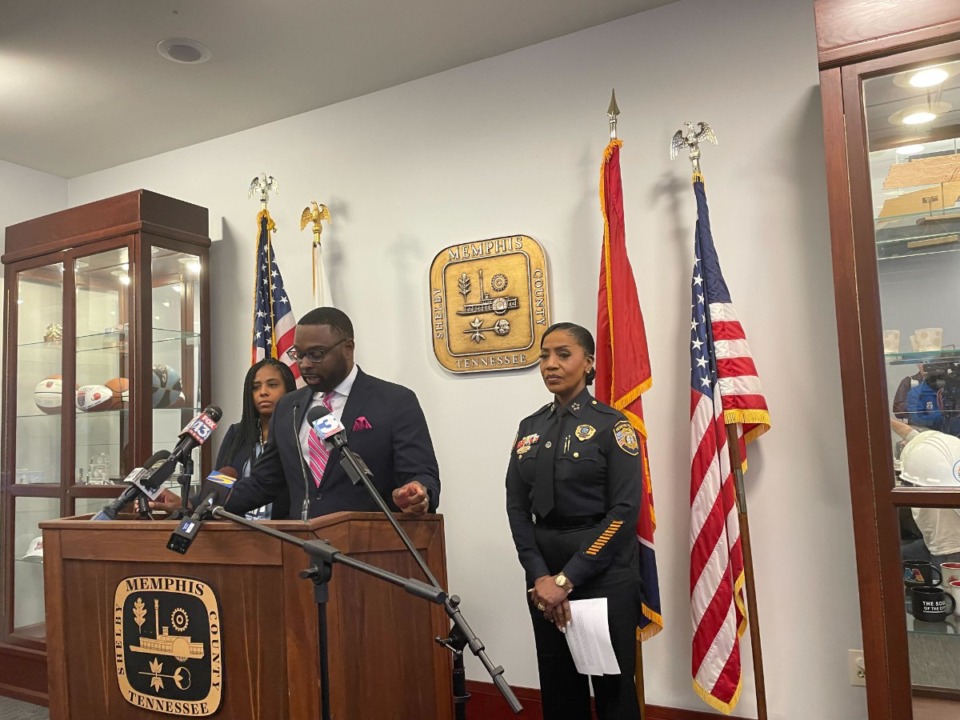 <strong>City of Memphis Chief Legal Officer Tannera Gibson, Memphis Mayor Paul Young and Interim Police Chief C.J. Davis address the media Thursday, Dec. 5.</strong> (Samuel Hardiman/The Daily Memphian)