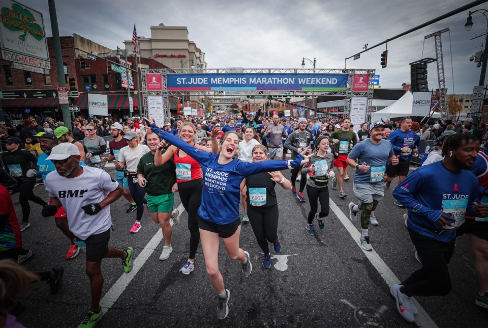 <strong>Joyful runners begin of the Memphis St. Jude Memphis Marathon on Dec. 2, 2023.</strong> (Patrick Lantrip/The Daily Memphian file)