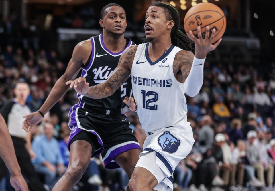 <strong>Memphis Grizzlies guard Ja Morant (12) was assessed two technical fouls in the fourth quarter of the game against Sacramento Thursday for pointing at officials at using profanity, according to a pool report. (</strong>Patrick Lantrip/The Daily Memphian)