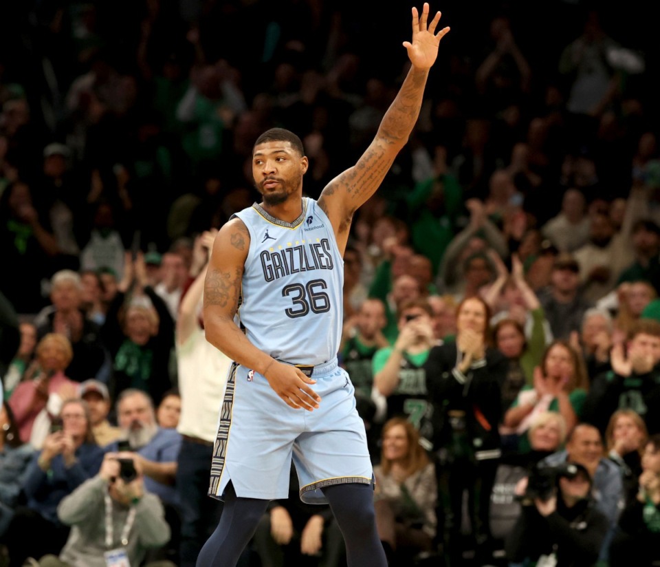 <strong>Memphis Grizzlies guard Marcus Smart (36), formerly of the Boston Celtics, acknowledges the crowd during the first half of an NBA basketball game against the Boston Celtics, Saturday, Dec. 7, 2024, in Boston.</strong> (Mark Stockwell/AP)