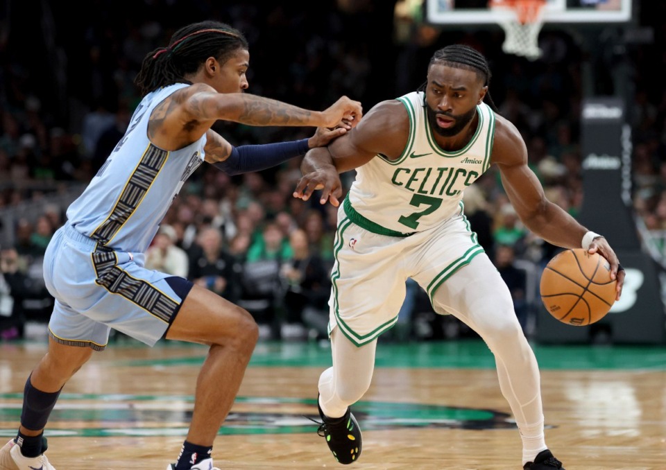 <strong>Memphis Grizzlies&rsquo; Ja Morant guards Boston Celtics&rsquo; Jaylen Brown during the second half of an NBA basketball game, Saturday, Dec. 7, 2024, in Boston.</strong> (Mark Stockwell/AP)