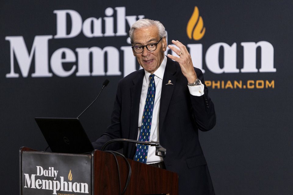 <strong>Richard C. Shadyac Jr., CEO of ALSAC, the fundraising/awareness arm of St. Jude Children's Research Hospital, speaks during the Daily Memphian&rsquo;s Commercial Real Estate: Review and Forecast seminar at the Memphis Botanic Gardens on Thursday, Dec. 5, 2024.</strong> (Brad Vest/Special to The Daily Memphian)