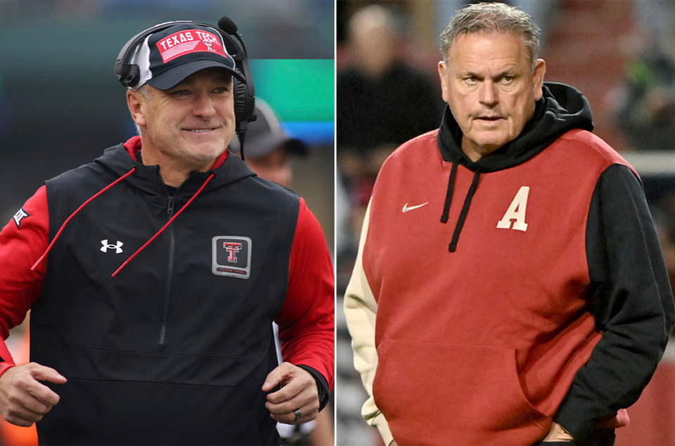 <strong>Texas Tech coach Joey McGuire (left) will face Arkansas coach Sam Pittman at the AutoZone Liberty Bowl.</strong> (AP file)