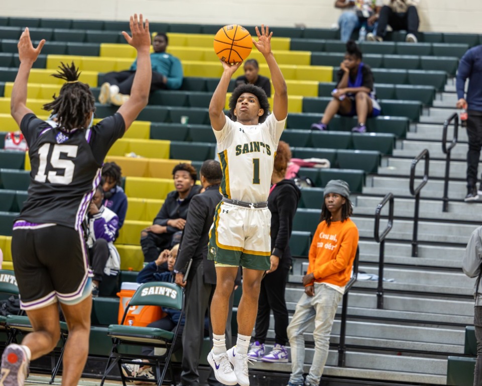 <strong>Greg Spight (1) of Briarcrest shoots against Trezevant High on Nov 19, 2024.</strong> (Wes Hale/Special to The Daily Memphian)