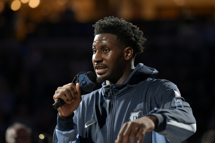 Memphis Grizzlies forward Jaren Jackson Jr. speaks to the crowd before an NBA basketball game against the New Orleans Pelicans Wednesday, Oct. 25, 2023, in Memphis. (Brandon Dill/AP Photo file)