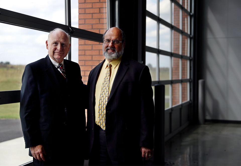 <strong>Stanton Mayor Allan Sterbinsky, right, said his town remains enthusiastic about the BlueOval City. Haywood County Mayor David Livingston and Sterbinsky pose for a portrait at a fire station in BlueOval City in 2021.</strong> (Patrick Lantrip/The Daily Memphian file)