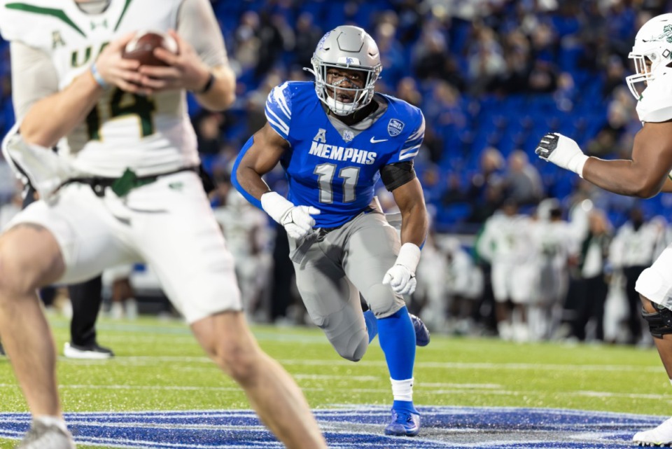 <strong>Memphis Tiger linebacker Chandler Martin (11) against the UAB Blazers during the first half on Nov 16, 2024 at Simmons Bank Liberty Stadium.</strong> (Wes Hale/Special to the Daily Memphian)