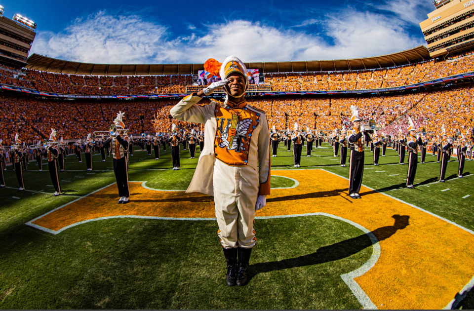 <strong>The University of Tennessee's Pride of the Southland marching band drum major for 2024 is Christian Carroll, of Collierville</strong>. (Credit: Pride of the Southland photographer Betty Myers)