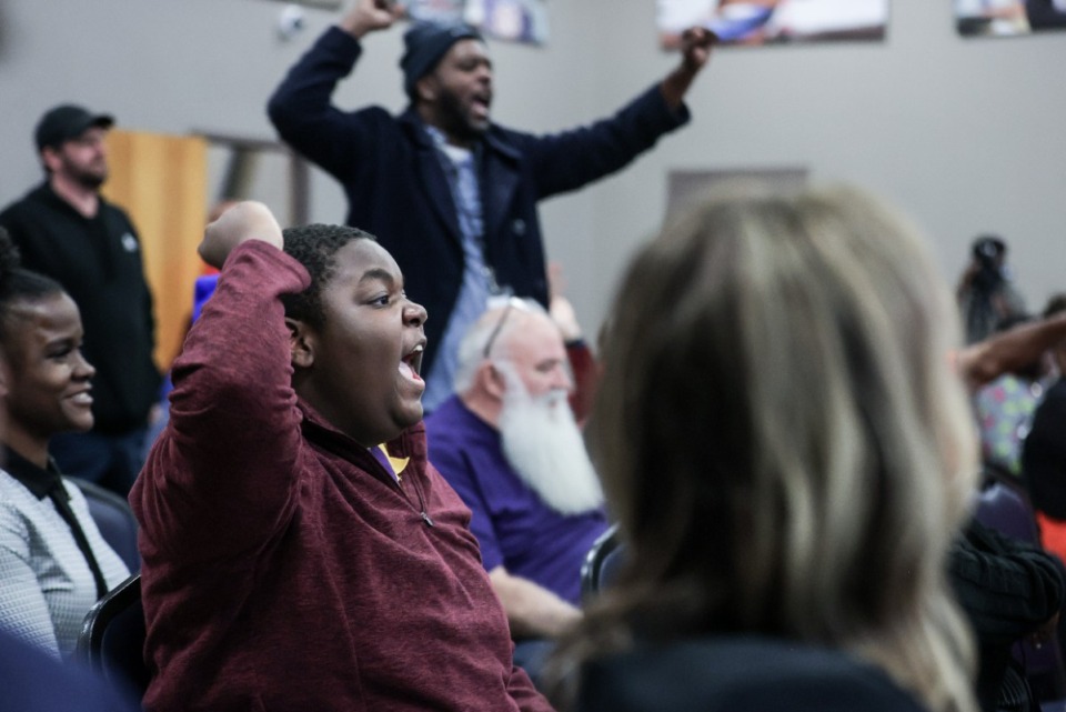 <strong>MSCS freshman Marc Williams chants the name of Superintendent Marie Feagins during the specially called meeting Dec. 17, 2024.</strong> (Patrick Lantrip/The Daily Memphian