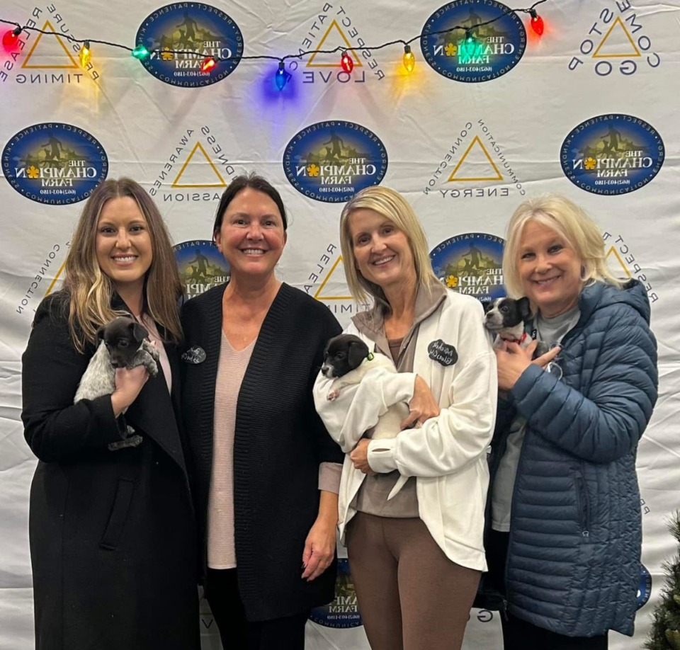 <strong>From left to right, Savannah Latham poses with the Grizzlies puppies and Beth Aversa (owner Blues City Animal Rescue), Michelle Meierhofer (volunteer at BCAR) and Bonnie Auld (foster volunteer at BCAR).</strong> (Courtesy Savannah Latham/Blues City Animal Rescue)