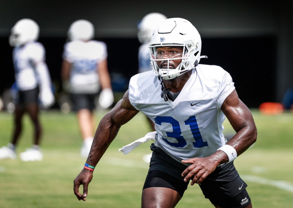 <strong>Memphis linebacker Elijah Herring, shown during summer workouts in July, has entered the NCAA transfer portal.</strong> (Mark Weber/The Daily Memphian)