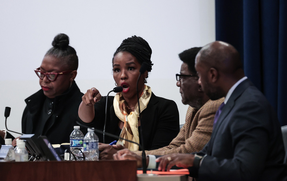 <strong>MSCS school board member Sable Otey argues with an audience member during a special-called board meeting to potentially oust superintendent Marie Feagins Dec. 17, 2024.</strong> (Patrick Lantrip/The Daily Memphian)