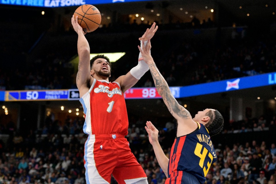 <strong>Memphis Grizzlies guard Scotty Pippen Jr. (1) shoots against Golden State Warriors forward Lindy Waters III (43) Thursday, Dec. 19, 2024.</strong> (Brandon Dill/AP)