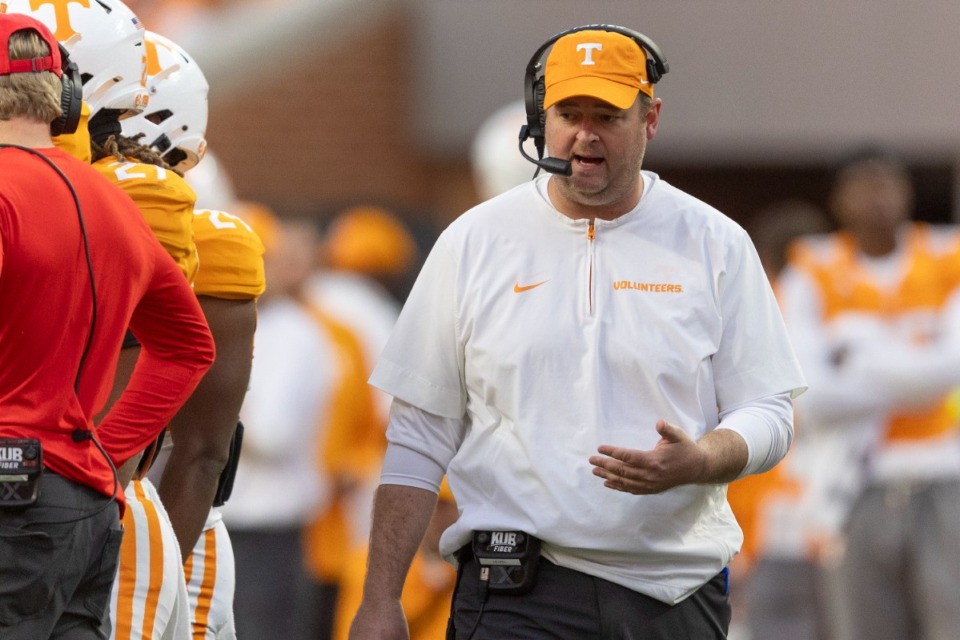 <strong>Tennessee head coach Josh Heupel talks on his headset during a timeout in the second half of an NCAA college football game against Alabama, Saturday, Oct. 19, 2024, in Knoxville, Tenn.</strong> (AP Photo/Wade Payne, File)