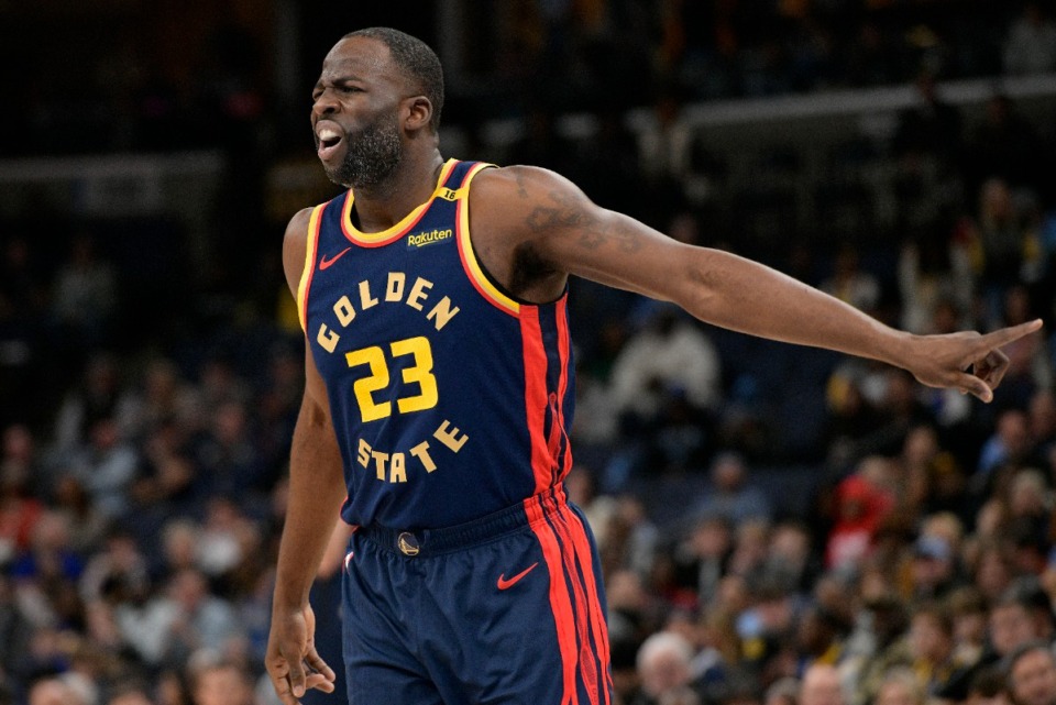 <strong>Golden State Warriors forward Draymond Green (23) reacts in the first half of an NBA basketball game against the Memphis Grizzlies Thursday, Dec. 19, 2024, in Memphis, Tenn.</strong> (AP Photo/Brandon Dill)