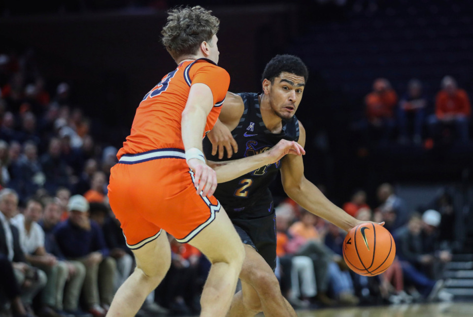 <strong>Memphis' Nicholas Jourdain drives to the basket against Virginia during the first half of an NCAA college basketball game, Wednesday, Dec. 18, 2024 in Charlottesville, Va.</strong> (Cal Cary/The Daily Progress via AP)