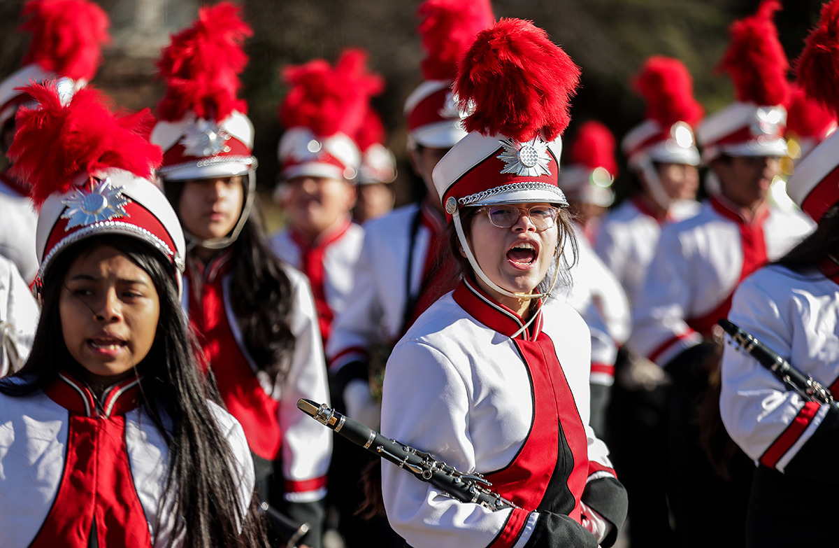 <strong>Treadwell Middle students march down Poplar Avenue celebrating Memphis Academy of Science and Engineering&rsquo;s first state championship in football Dec. 20.</strong> (Patrick Lantrip/The Daily Memphian)