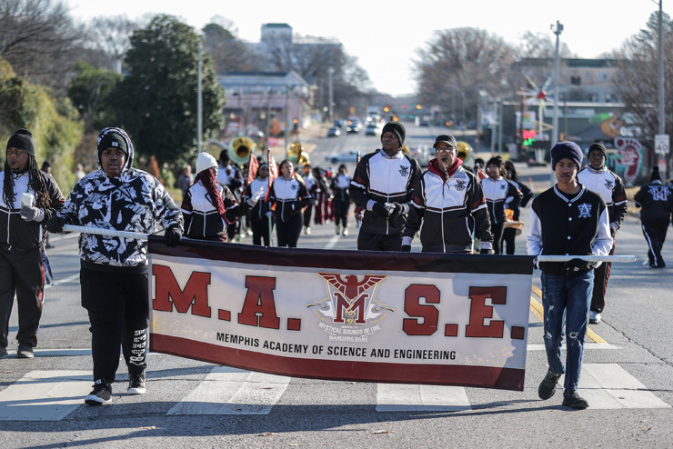 <strong>MASE high school students march down Poplar Avenue to celebrate the school's first state championship in football Dec. 20.</strong> (Patrick Lantrip/The Daily Memphian)