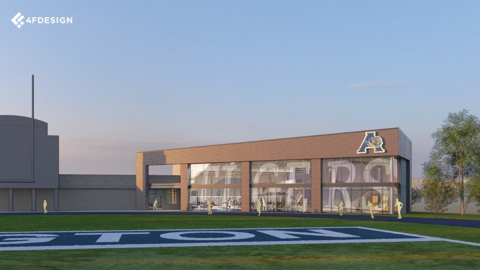 <strong>A rendering shows the planned $8.5 million Arlington High School football field house. Construction is scheduled to start in March 2025.</strong> (Courtesy 4FDesign)