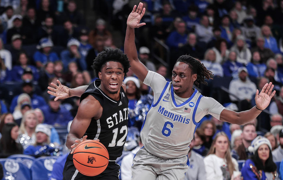 <strong>University of Memphis guard Baraka Okojie (6) tries to defend Mississippi State guard Josh Hubbard (12) during a Dec. 21 game at FedExForum.</strong> (Patrick Lantrip/The Daily Memphian)