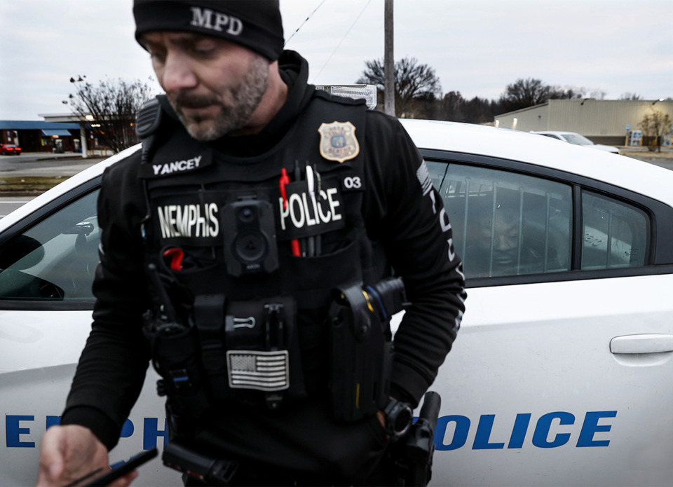 <strong>An individual is detained in a squad car, after a traffic stop during the Memphis Police Department&rsquo;s Code Zero Operation on Friday, Dec. 22, 2024. He was released at the scene with no charges.</strong> (Mark Weber/The Daily Memphian)