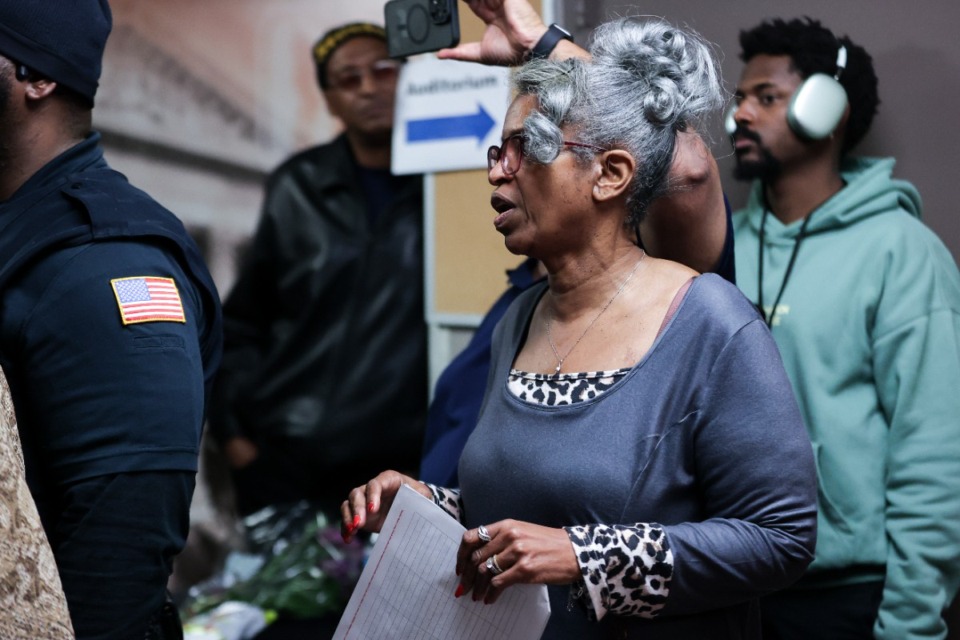 <strong>MSCS school board member Joyce Dorse Coleman tells school resource officers who to allow to enter a specially called board meeting to potentially oust superintendent Marie Feagins Dec. 17, 2024.</strong> (Patrick Lantrip/The Daily Memphian)