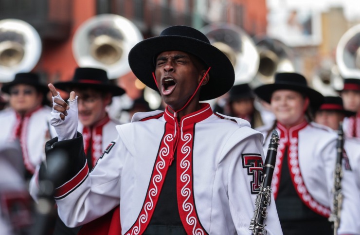 <strong>The Texas Tech band marches down Beale Street during the AutoZone Liberty Bowl Parade Dec. 26, 2024.</strong> (Patrick Lantrip/The Daily Memphian)