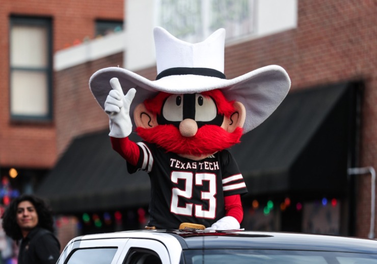 <strong>Raider Red hypes up the Texas Tech fans during the AutoZone Liberty Bowl Parade Dec. 26, 2024.</strong> (Patrick Lantrip/The Daily Memphian)